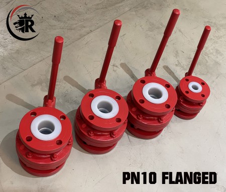 PFA Lined Ball Valve Lever Operated, Flanged PN10, WCB Body.